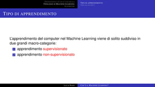 DEFINIZIONE E CASI D’USO REALI
TIPOLOGIE DI MACHINE LEARNING
ALGORITMI
TIPO DI APPRENDIMENTO
TIPO DI OUTPUT
TIPO DI APPRENDIMENTO
L’apprendimento del computer nel Machine Learning viene di solito suddiviso in
due grandi macro-categorie:
1 apprendimento supervisionato
2 apprendimento non-supervisionato
LUCA NASO COS’È IL MACHINE LEARNING?
 