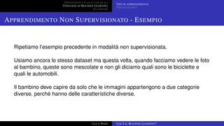 DEFINIZIONE E CASI D’USO REALI
TIPOLOGIE DI MACHINE LEARNING
ALGORITMI
TIPO DI APPRENDIMENTO
TIPO DI OUTPUT
APPRENDIMENTO NON SUPERVISIONATO - ESEMPIO
Ripetiamo l’esempio precedente in modalità non supervisionata.
Usiamo ancora lo stesso dataset ma questa volta, quando facciamo vedere le foto
al bambino, queste sono mescolate e non gli diciamo quali sono le biciclette e
quali le automobili.
Il bambino deve capire da solo che le immagini appartengono a due categorie
diverse, perchè hanno delle caratteristiche diverse.
LUCA NASO COS’È IL MACHINE LEARNING?
 