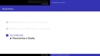 DEFINIZIONE E CASI D’USO REALI
TIPOLOGIE DI MACHINE LEARNING
ALGORITMI
PANORAMICA E SCELTA
AGENDA
1 DEFINIZIONE E CASI D’USO REALI
2 TIPOLOGIE DI MACHINE LEARNING
3 ALGORITMI
Panoramica e Scelta
LUCA NASO COS’È IL MACHINE LEARNING?
 
