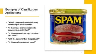 Examples of Classification
Applications
• “Which category of products is most
interesting to this customer?”
• “Is this movie a romantic comedy,
documentary, or thriller?”
• “Is this review written by a customer
or a robot?”
• “Will the customer buy this product?”
• “Is this email spam or not spam?”
6
 