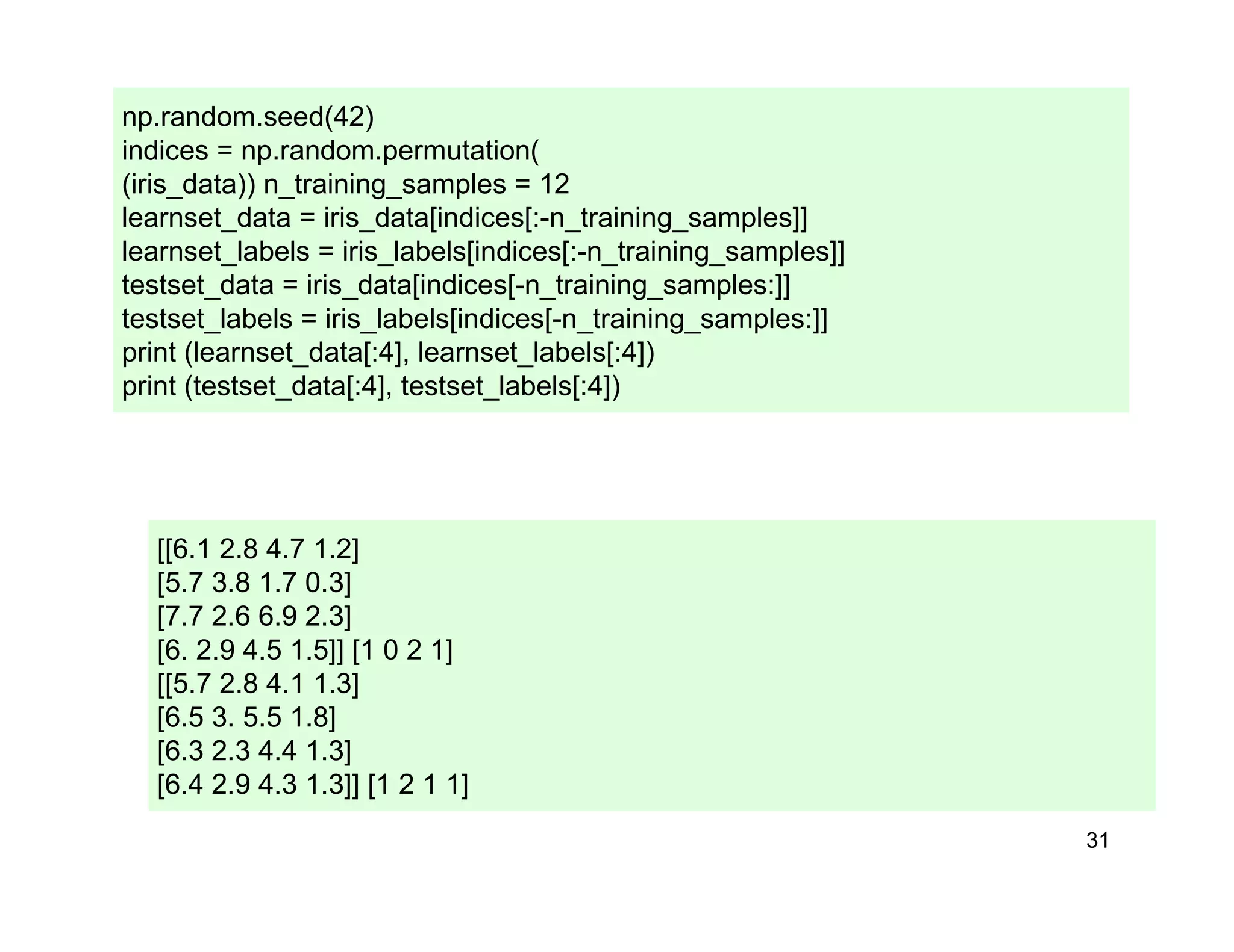31
np.random.seed(42)
indices = np.random.permutation(
(iris_data)) n_training_samples = 12
learnset_data = iris_data[indices[:-n_training_samples]]
learnset_labels = iris_labels[indices[:-n_training_samples]]
testset_data = iris_data[indices[-n_training_samples:]]
testset_labels = iris_labels[indices[-n_training_samples:]]
print (learnset_data[:4], learnset_labels[:4])
print (testset_data[:4], testset_labels[:4])
[[6.1 2.8 4.7 1.2]
[5.7 3.8 1.7 0.3]
[7.7 2.6 6.9 2.3]
[6. 2.9 4.5 1.5]] [1 0 2 1]
[[5.7 2.8 4.1 1.3]
[6.5 3. 5.5 1.8]
[6.3 2.3 4.4 1.3]
[6.4 2.9 4.3 1.3]] [1 2 1 1]
 