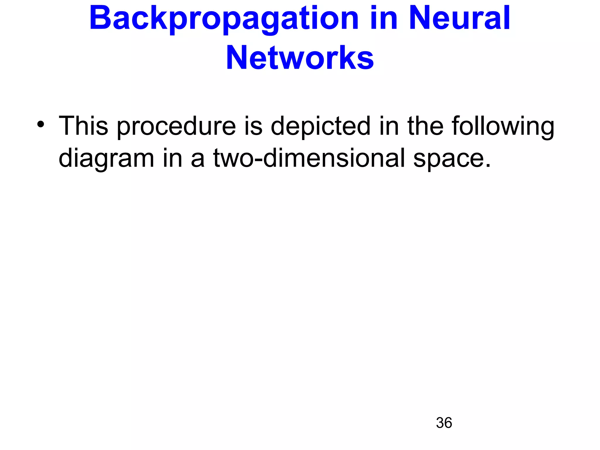 36
Backpropagation in Neural
Networks
• This procedure is depicted in the following
diagram in a two-dimensional space.
 