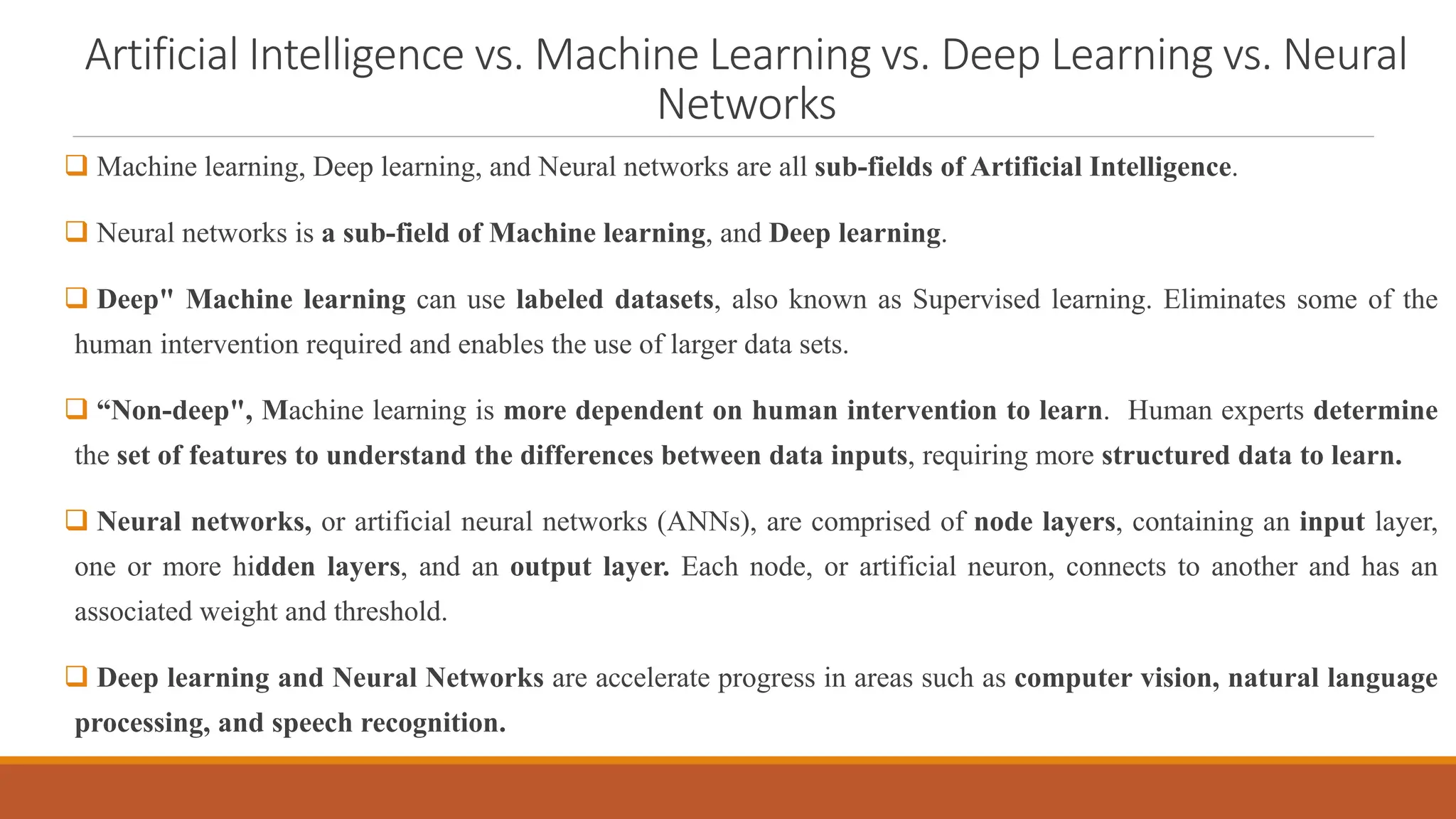 Artificial Intelligence vs. Machine Learning vs. Deep Learning vs. Neural
Networks
 Machine learning, Deep learning, and Neural networks are all sub-fields of Artificial Intelligence.
 Neural networks is a sub-field of Machine learning, and Deep learning.
 Deep" Machine learning can use labeled datasets, also known as Supervised learning. Eliminates some of the
human intervention required and enables the use of larger data sets.
 “Non-deep", Machine learning is more dependent on human intervention to learn. Human experts determine
the set of features to understand the differences between data inputs, requiring more structured data to learn.
 Neural networks, or artificial neural networks (ANNs), are comprised of node layers, containing an input layer,
one or more hidden layers, and an output layer. Each node, or artificial neuron, connects to another and has an
associated weight and threshold.
 Deep learning and Neural Networks are accelerate progress in areas such as computer vision, natural language
processing, and speech recognition.
 