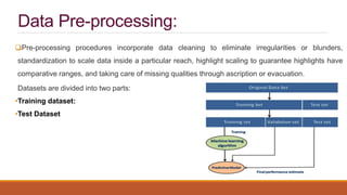 Data Pre-processing:
Pre-processing procedures incorporate data cleaning to eliminate irregularities or blunders,
standardization to scale data inside a particular reach, highlight scaling to guarantee highlights have
comparative ranges, and taking care of missing qualities through ascription or evacuation.
Datasets are divided into two parts:
•Training dataset:
•Test Dataset
 