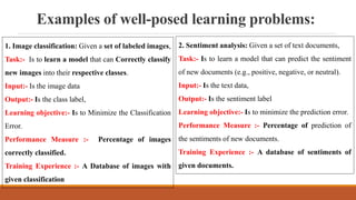 Examples of well-posed learning problems:
2. Sentiment analysis: Given a set of text documents,
Task:- Is to learn a model that can predict the sentiment
of new documents (e.g., positive, negative, or neutral).
Input:- Is the text data,
Output:- Is the sentiment label
Learning objective:- Is to minimize the prediction error.
Performance Measure :- Percentage of prediction of
the sentiments of new documents.
Training Experience :- A database of sentiments of
given documents.
1. Image classification: Given a set of labeled images,
Task:- Is to learn a model that can Correctly classify
new images into their respective classes.
Input:- Is the image data
Output:- Is the class label,
Learning objective:- Is to Minimize the Classification
Error.
Performance Measure :- Percentage of images
correctly classified.
Training Experience :- A Database of images with
given classification
 