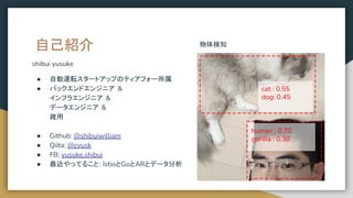 自己紹介
shibui yusuke
● 自動運転スタートアップのティアフォー所属
● バックエンドエンジニア &
インフラエンジニア &
データエンジニア &
雑用
● Github: @shibuiwilliam
● Qiita: @cvusk
● FB: yusuke.shibui
● 最近やってること: IstioとGoとARとデータ分析
cat : 0.55
dog: 0.45
human : 0.70
gorilla : 0.30
物体検知
 