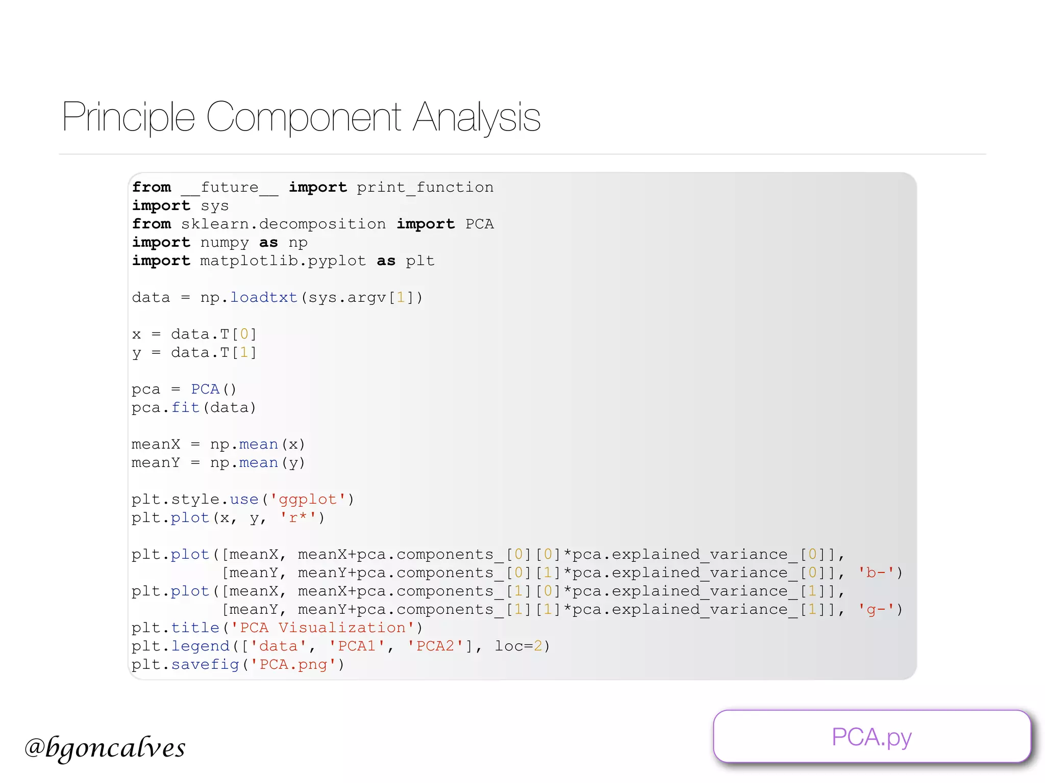 @bgoncalves Principle Component Analysis from __future__ import print_function import sys from sklearn.decomposition import PCA import numpy as np import matplotlib.pyplot as plt data = np.loadtxt(sys.argv[1]) x = data.T[0] y = data.T[1] pca = PCA() pca.fit(data) meanX = np.mean(x) meanY = np.mean(y) plt.style.use('ggplot') plt.plot(x, y, 'r*') plt.plot([meanX, meanX+pca.components_[0][0]*pca.explained_variance_[0]], [meanY, meanY+pca.components_[0][1]*pca.explained_variance_[0]], 'b-') plt.plot([meanX, meanX+pca.components_[1][0]*pca.explained_variance_[1]], [meanY, meanY+pca.components_[1][1]*pca.explained_variance_[1]], 'g-') plt.title('PCA Visualization') plt.legend(['data', 'PCA1', 'PCA2'], loc=2) plt.savefig('PCA.png') PCA.py 