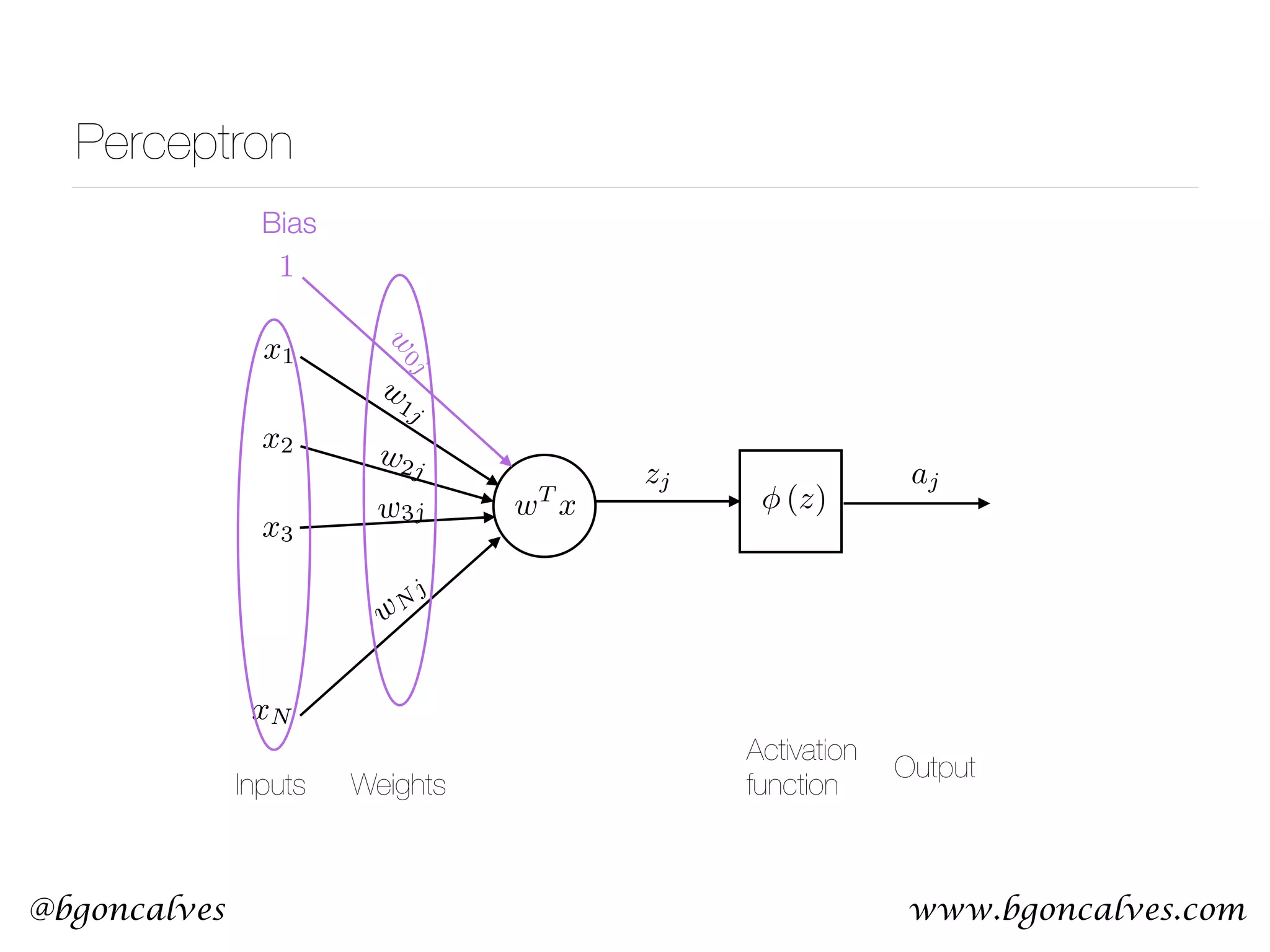 www.bgoncalves.com@bgoncalves Perceptron x1 x2 x3 xN w 1j w2j w3j wN j zj wT x aj (z) w 0j 1 Inputs Weights Output Activation function Bias 