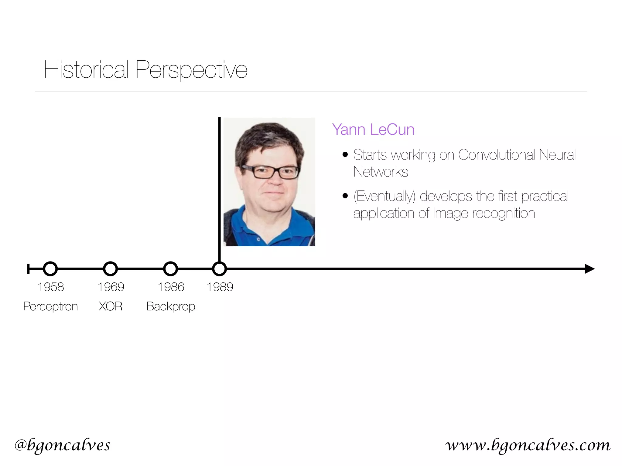 www.bgoncalves.com@bgoncalves Historical Perspective 1958 Perceptron 1969 XOR 1986 Yann LeCun • Starts working on Convolutional Neural Networks • (Eventually) develops the ﬁrst practical application of image recognition Backprop 1989 