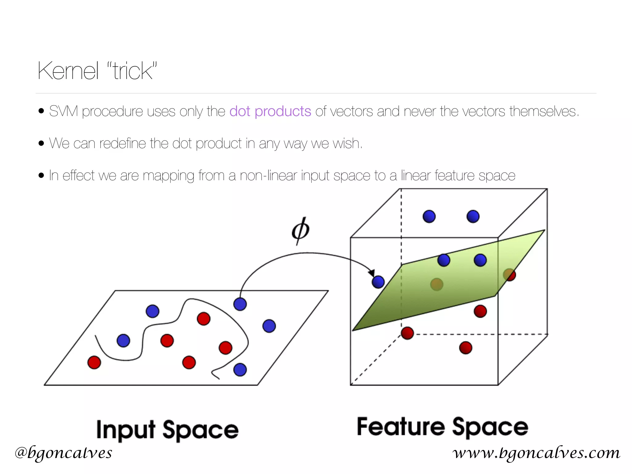 www.bgoncalves.com@bgoncalves Kernel “trick” • SVM procedure uses only the dot products of vectors and never the vectors themselves. • We can redeﬁne the dot product in any way we wish. • In effect we are mapping from a non-linear input space to a linear feature space 