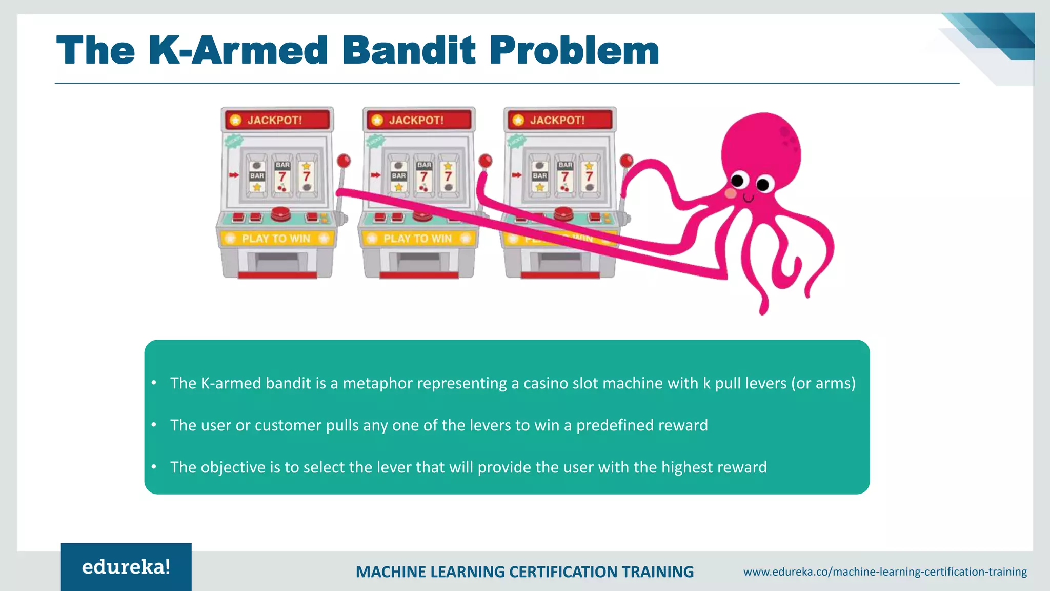 MACHINE LEARNING CERTIFICATION TRAINING www.edureka.co/machine-learning-certification-training
The K-Armed Bandit Problem
• The K-armed bandit is a metaphor representing a casino slot machine with k pull levers (or arms)
• The user or customer pulls any one of the levers to win a predefined reward
• The objective is to select the lever that will provide the user with the highest reward
 