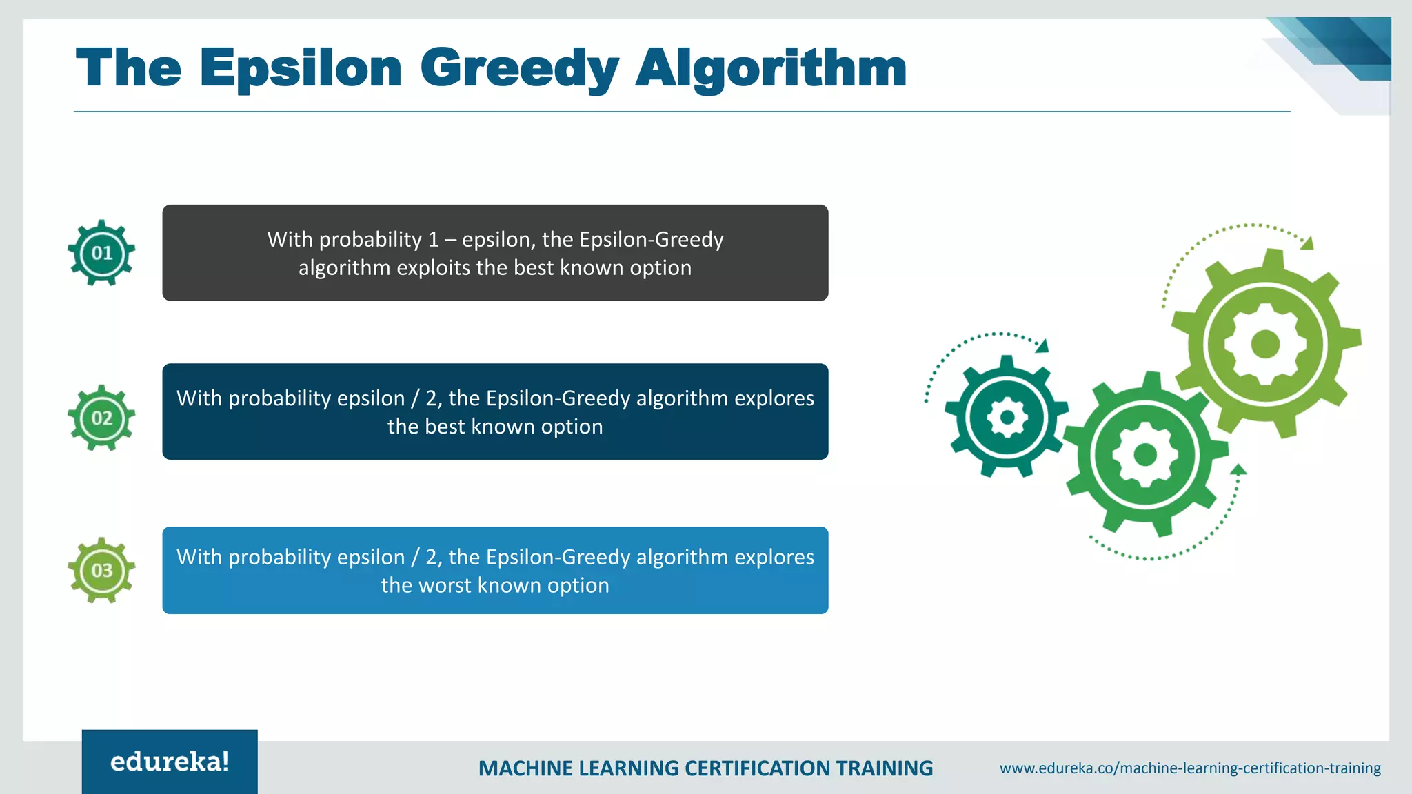 MACHINE LEARNING CERTIFICATION TRAINING www.edureka.co/machine-learning-certification-training
The Epsilon Greedy Algorithm
With probability 1 – epsilon, the Epsilon-Greedy
algorithm exploits the best known option
With probability epsilon / 2, the Epsilon-Greedy algorithm explores
the best known option
With probability epsilon / 2, the Epsilon-Greedy algorithm explores
the worst known option
 