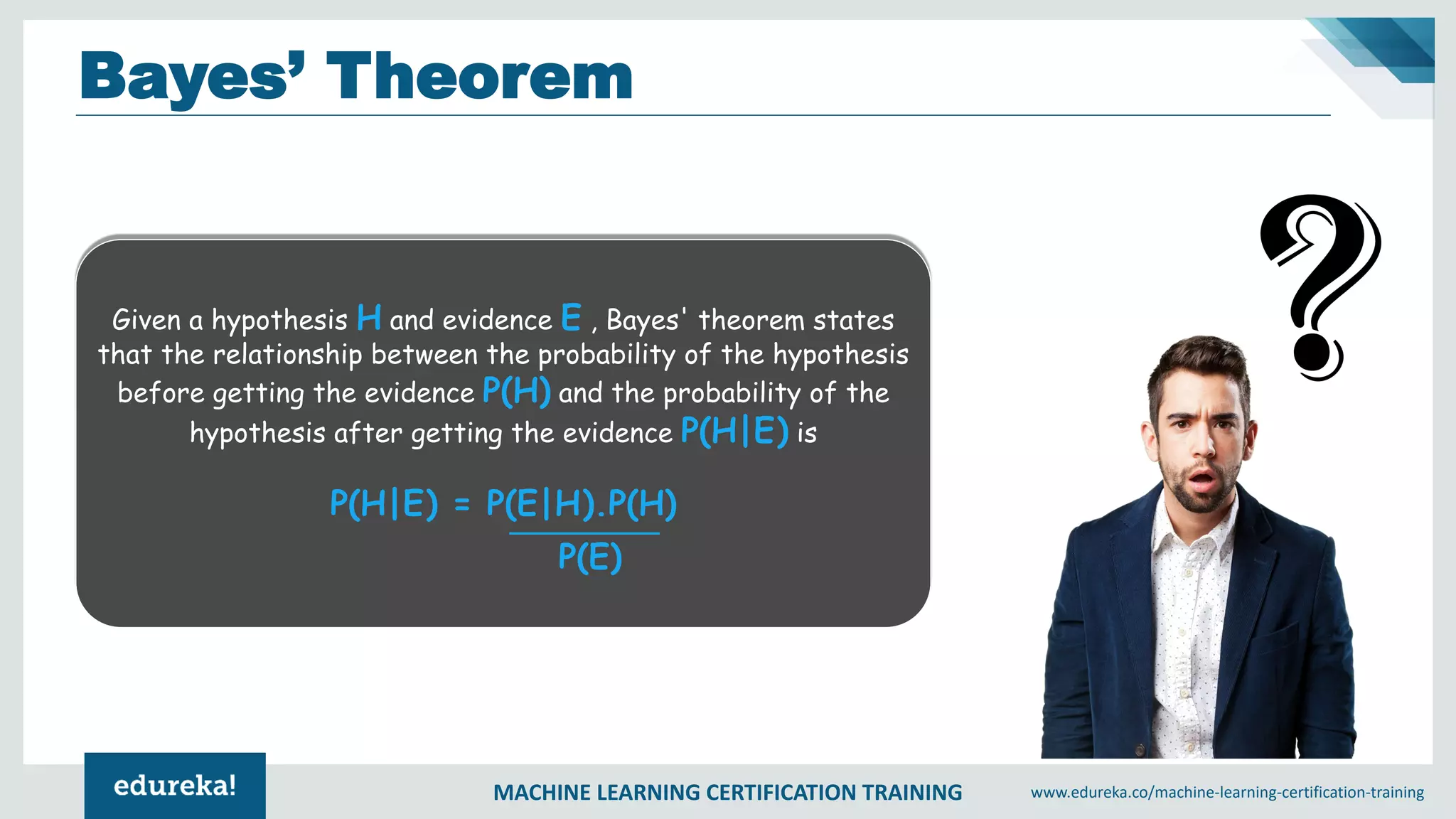 MACHINE LEARNING CERTIFICATION TRAINING www.edureka.co/machine-learning-certification-training
Bayes’ Theorem
Given a hypothesis H and evidence E , Bayes' theorem states
that the relationship between the probability of the hypothesis
before getting the evidence P(H) and the probability of the
hypothesis after getting the evidence P(H|E) is
P(H|E) = P(E|H).P(H)
P(E)
 