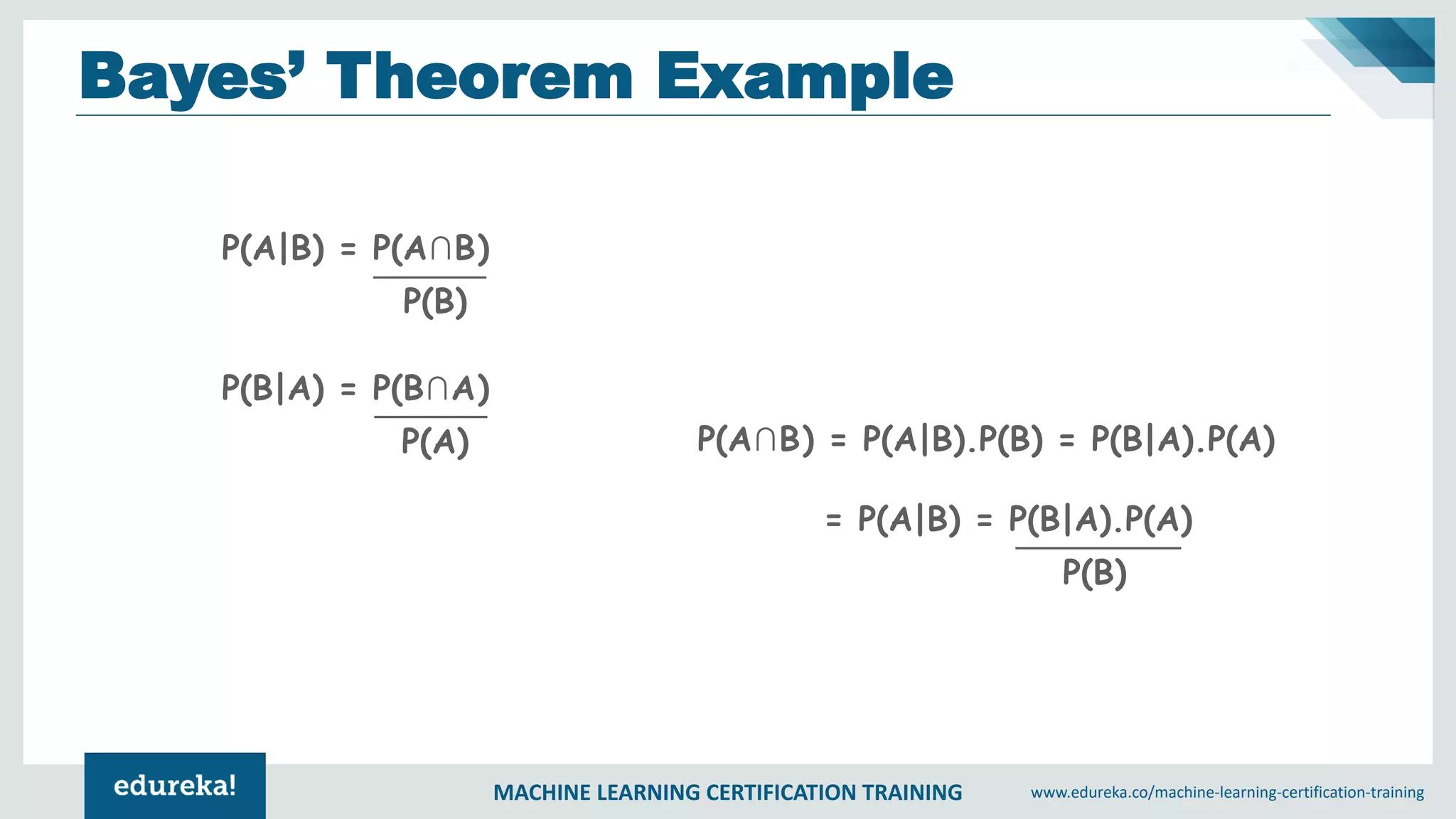 MACHINE LEARNING CERTIFICATION TRAINING www.edureka.co/machine-learning-certification-training
Bayes’ Theorem Example
P(A|B) = P(A∩B)
P(B)
P(B|A) = P(B∩A)
P(A) P(A∩B) = P(A|B).P(B) = P(B|A).P(A)
= P(A|B) = P(B|A).P(A)
P(B)
 