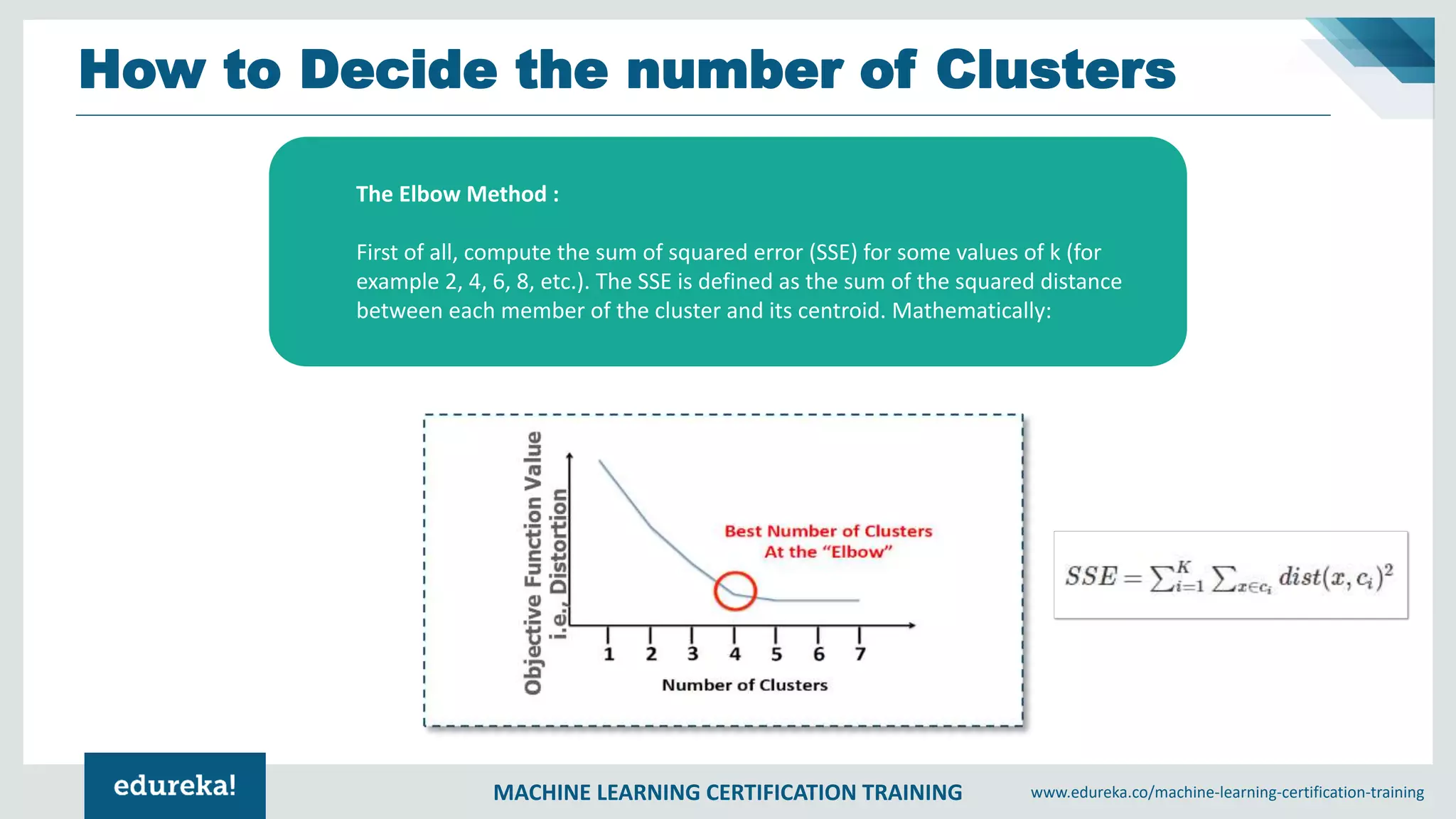 MACHINE LEARNING CERTIFICATION TRAINING www.edureka.co/machine-learning-certification-training
How to Decide the number of Clusters
The Elbow Method :
First of all, compute the sum of squared error (SSE) for some values of k (for
example 2, 4, 6, 8, etc.). The SSE is defined as the sum of the squared distance
between each member of the cluster and its centroid. Mathematically:
 
