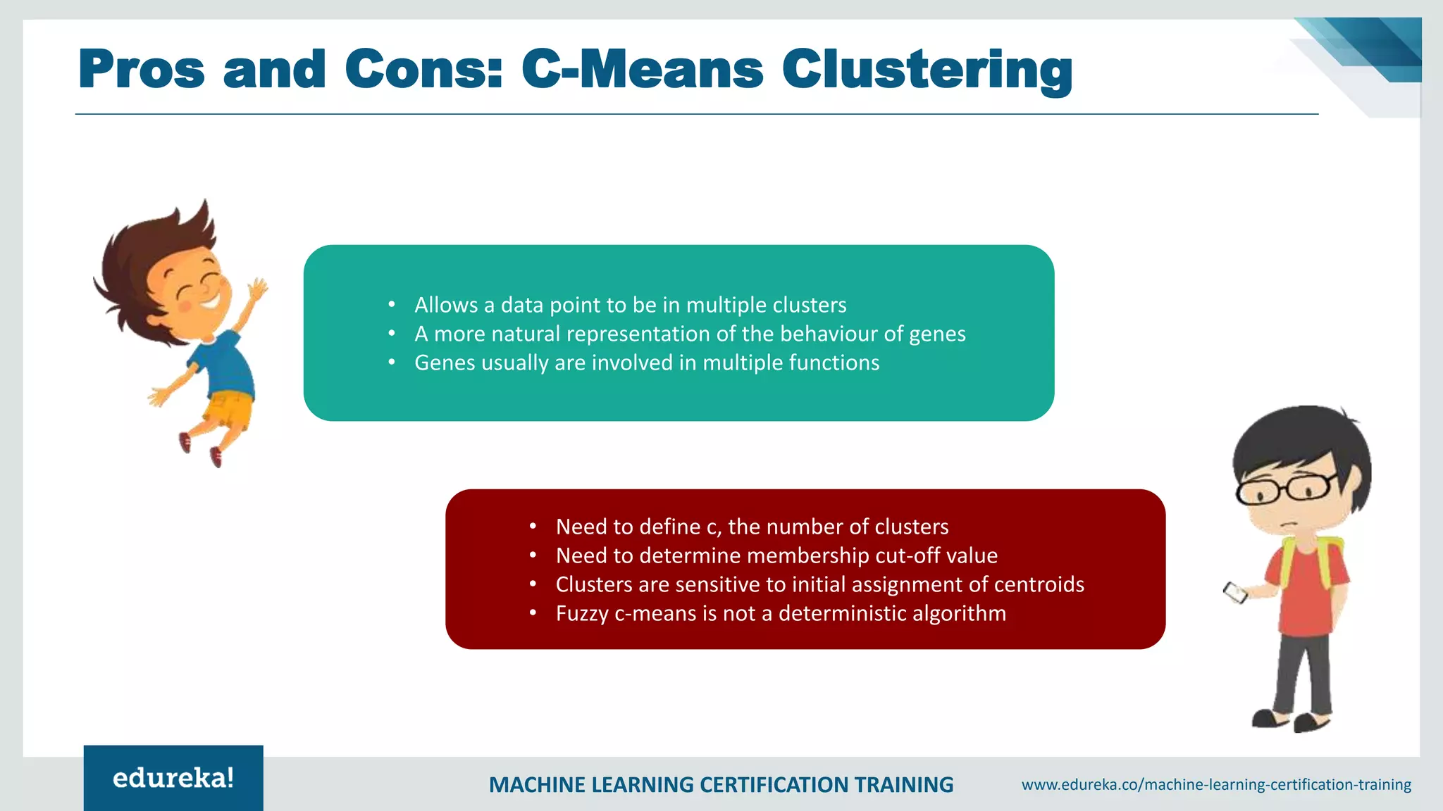 MACHINE LEARNING CERTIFICATION TRAINING www.edureka.co/machine-learning-certification-training
Pros and Cons: C-Means Clustering
• Allows a data point to be in multiple clusters
• A more natural representation of the behaviour of genes
• Genes usually are involved in multiple functions
• Need to define c, the number of clusters
• Need to determine membership cut-off value
• Clusters are sensitive to initial assignment of centroids
• Fuzzy c-means is not a deterministic algorithm
 