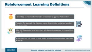 MACHINE LEARNING CERTIFICATION TRAINING www.edureka.co/machine-learning-certification-training
Reinforcement Learning Definitions
Reward (R): An instant return from the environment to appraise the last action
Policy (π): The approach that the agent uses to determine the next action based on
the current state
Value (V): The expected long-term return with discount, as opposed to the short-term
reward R
Action-value (Q): This similar to Value, except, it takes an extra parameter, the current
action (A)
 