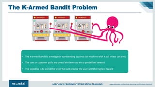 MACHINE LEARNING CERTIFICATION TRAINING www.edureka.co/machine-learning-certification-training
The K-Armed Bandit Problem
• The K-armed bandit is a metaphor representing a casino slot machine with k pull levers (or arms)
• The user or customer pulls any one of the levers to win a predefined reward
• The objective is to select the lever that will provide the user with the highest reward
 