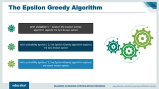 MACHINE LEARNING CERTIFICATION TRAINING www.edureka.co/machine-learning-certification-training
The Epsilon Greedy Algorithm
With probability 1 – epsilon, the Epsilon-Greedy
algorithm exploits the best known option
With probability epsilon / 2, the Epsilon-Greedy algorithm explores
the best known option
With probability epsilon / 2, the Epsilon-Greedy algorithm explores
the worst known option
 