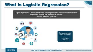 MACHINE LEARNING CERTIFICATION TRAINING www.edureka.co/machine-learning-certification-training
What is Logistic Regression?
The outcome(result)
will be binary(0/1)
0- If malignant
1- If benign
Logistic Regression is a statistical method for analysing a dataset in which there are one or more
independent variables that determine an outcome.
Outcome is a binary class type.
 
