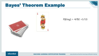 MACHINE LEARNING CERTIFICATION TRAINING www.edureka.co/machine-learning-certification-training
Bayes’ Theorem Example
P(King) = 4/52 =1/13
 