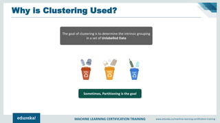MACHINE LEARNING CERTIFICATION TRAINING www.edureka.co/machine-learning-certification-training
Why is Clustering Used?
The goal of clustering is to determine the intrinsic grouping
in a set of Unlabelled Data
Sometimes, Partitioning is the goal
 