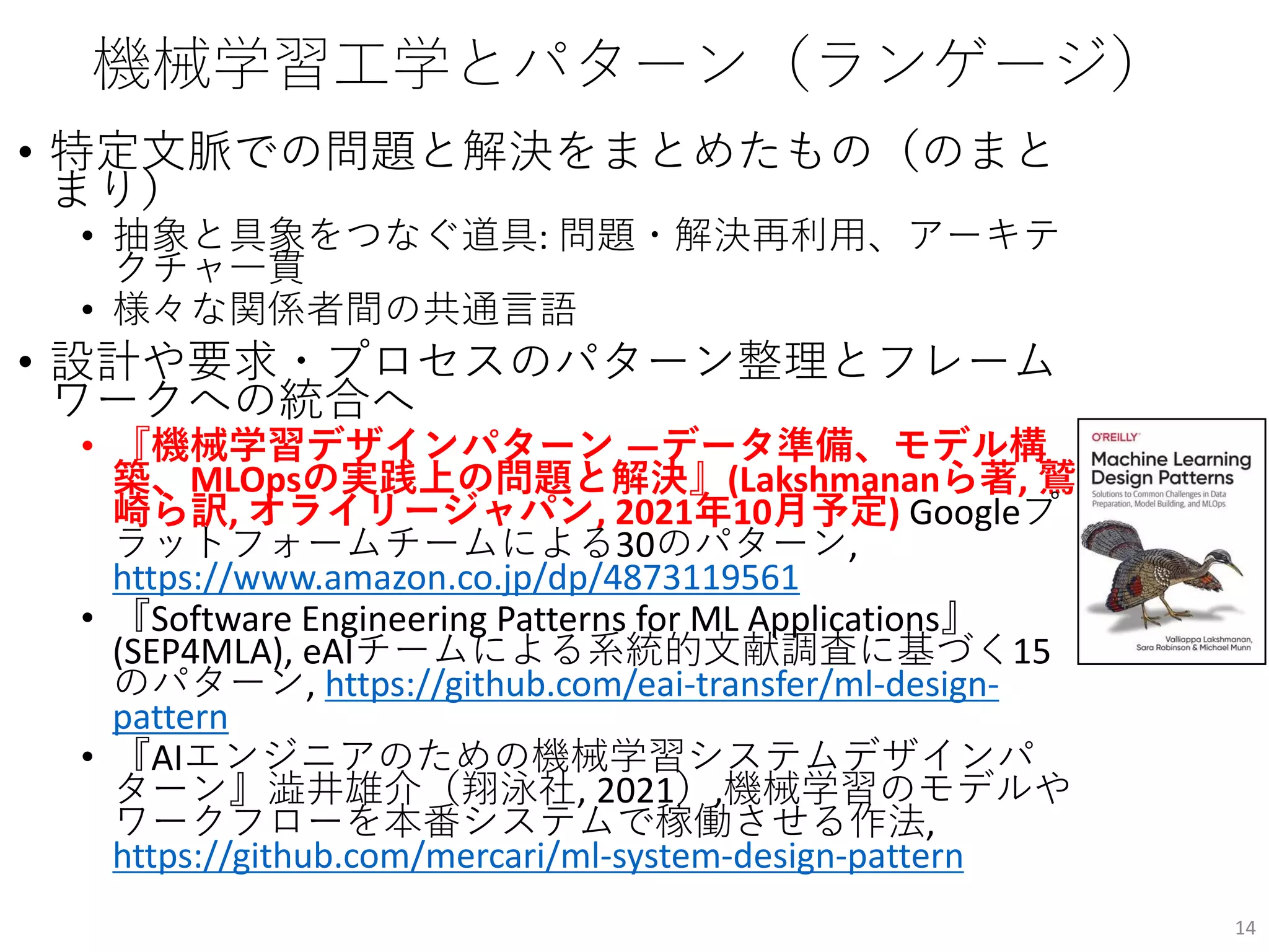 機械学習工学とパターン（ランゲージ）
• 特定文脈での問題と解決をまとめたもの（のまと
まり）
• 抽象と具象をつなぐ道具: 問題・解決再利用、アーキテ
クチャ一貫
• 様々な関係者間の共通言語
• 設計や要求・プロセスのパターン整理とフレーム
ワークへの統合へ
• 『機械学習デザインパターン ―データ準備、モデル構
築、MLOpsの実践上の問題と解決』(Lakshmananら著, 鷲
崎ら訳, オライリージャパン, 2021年10月予定) Googleプ
ラットフォームチームによる30のパターン,
https://www.amazon.co.jp/dp/4873119561
• 『Software Engineering Patterns for ML Applications』
(SEP4MLA), eAIチームによる系統的文献調査に基づく15
のパターン, https://github.com/eai-transfer/ml-design-
pattern
• 『AIエンジニアのための機械学習システムデザインパ
ターン』澁井雄介（翔泳社, 2021）,機械学習のモデルや
ワークフローを本番システムで稼働させる作法,
https://github.com/mercari/ml-system-design-pattern
14
 