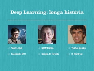 Deep Learning: longa história
Yann Lecun
Facebook, NYU
Geoff Hinton
Google, U. Toronto
Yoshua Bengio
U. Montreal
 