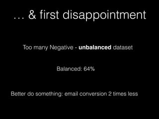 … & ﬁrst disappointment
Too many Negative - unbalanced dataset
Balanced: 64%
Better do something: email conversion 2 times less
 