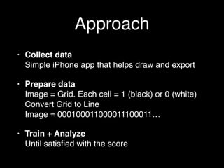 Approach
• Collect data 
Simple iPhone app that helps draw and export
• Prepare data 
Image = Grid. Each cell = 1 (black) or 0 (white) 
Convert Grid to Line 
Image = 000100011000011100011…
• Train + Analyze 
Until satisﬁed with the score
 