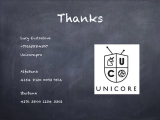 Thanks
Lucy Evstratova
+79165884397
Unicore.pro
AlfaBank
4154 8120 0093 9516 
Sberbank
4276 3800 1234 3302
 