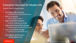 Copyright © 2019, Oracle and/or its affiliates. All rights reserved
Enterprise Class IaaS for Modern ML
• The fastest x86 compute
– Unmatched bare metal performance
• GPU as a service
– Use our tools, or yours
• High bandwidth network
– Connect compute and storage
• High performance flash storage
– Primary access, fast load from archive
• Low-cost archival storage
– For data not in immediate use
Oracle Cloud Infrastructure
The highest performance
at the lowest cost
 