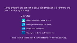 © Microsoft Corporation
Examples
Predicts prices for the next month
Identify faces in images and videos
Detect fraud transactions
Classify if a customer is at retention risk
Some problems are difficult to solve using traditional algorithms and
procedural programming.
These examples are good candidates for machine learning.
 