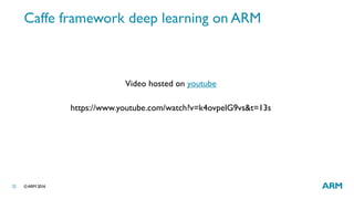 ©ARM 201622
Caffe framework deep learning on ARM
Video hosted on youtube
https://www.youtube.com/watch?v=k4ovpelG9vs&t=13s
 