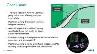 ©ARM 201624
Growth MaturityInnovation
Machine
Learning
Platforms
& Tools
Conclusions
 The rapid uptake in Machine Learning is
going mainstream, affecting compute
everywhere
 Machine Learning dramatically increases
compute demands
 As much as possible, Machine Learning
workloads should run locally on device,
not on remote servers
 Machine Learning is driving demand for advanced ARM
processors and accelerator IP
 Machine Learning is having a significant impact on ARM’s
roadmap for future processors and architectures
 