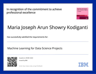 Maria Joseph Arun Showry Kodiganti
Machine Learning for Data Science Projects
Issued on: 29 DEC 2023
Issued by IBM
Verify: https://www.credly.com/go/V3vWEqdO
Powered by TCPDF (www.tcpdf.org)
 