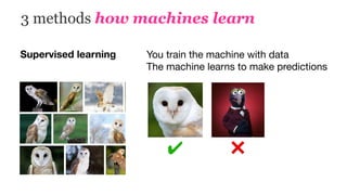 3 methods how machines learn
Supervised learning You train the machine with data

The machine learns to make predictions
✔ ❌
 