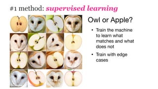#1 method: supervised learning
• Train the machine
to learn what
matches and what
does not

• Train with edge
cases
Owl or Apple?
 