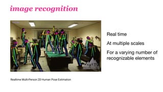 image recognition
Real time

At multiple scales

For a varying number of
recognizable elements
Realtime Multi-Person 2D Human Pose Estimation
 