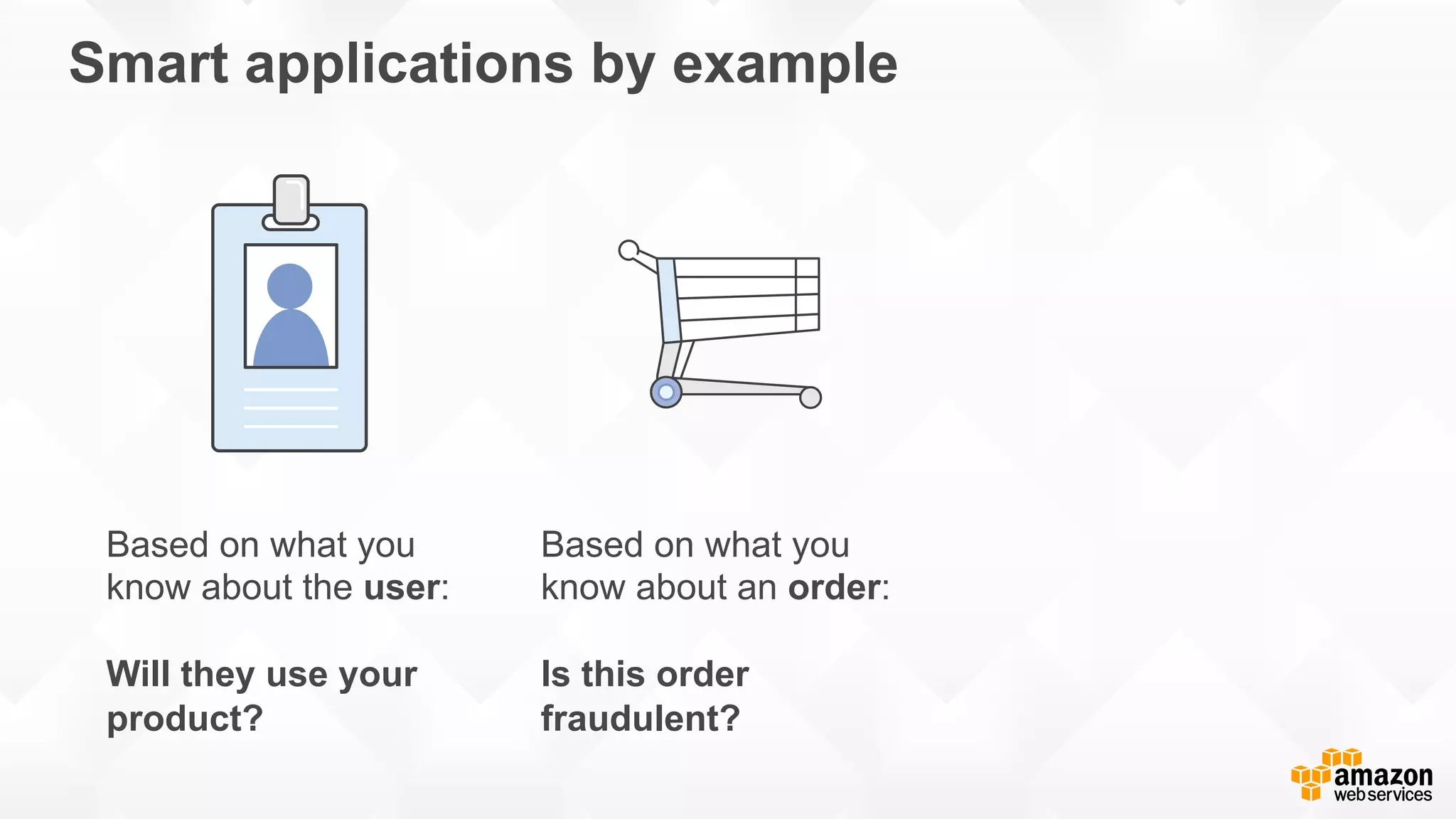Smart applications by example Based on what you know about the user: Will they use your product? Based on what you know about an order: Is this order fraudulent? 