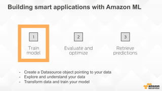 Train
model
Evaluate and
optimize
Retrieve
predictions
1 2 3
Building smart applications with Amazon ML
-  Create a Datasource object pointing to your data
-  Explore and understand your data
-  Transform data and train your model
 