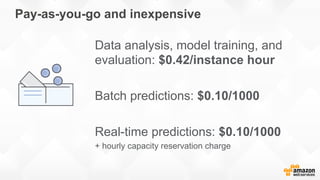 Pay-as-you-go and inexpensive
Data analysis, model training, and
evaluation: $0.42/instance hour
Batch predictions: $0.10/1000
Real-time predictions: $0.10/1000
+ hourly capacity reservation charge
 