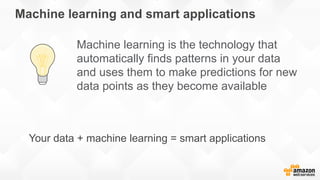 Machine learning and smart applications
Machine learning is the technology that
automatically finds patterns in your data
and uses them to make predictions for new
data points as they become available
Your data + machine learning = smart applications
 