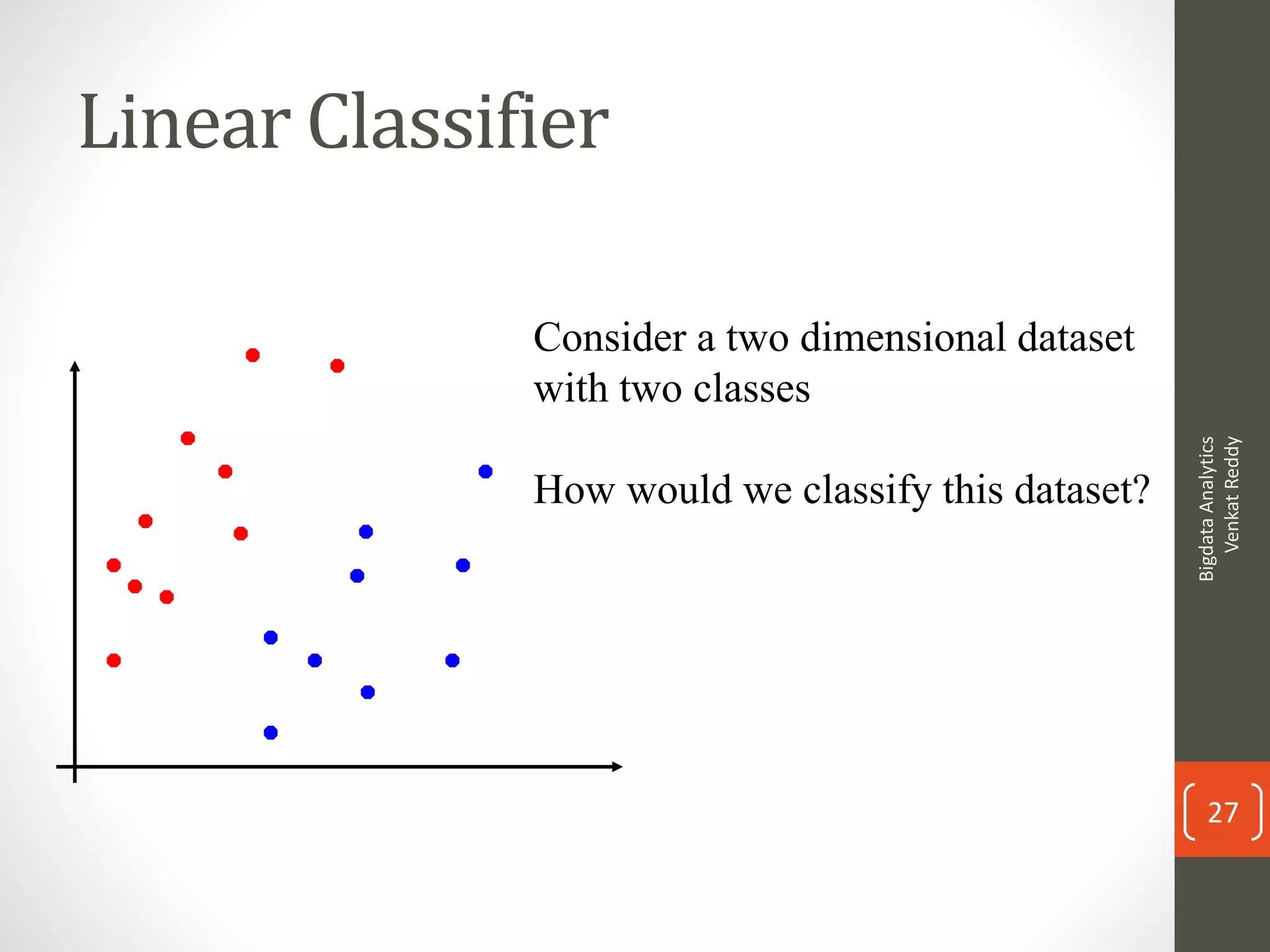 Linear Classifier
Consider a two dimensional dataset
with two classes
How would we classify this dataset?
BigdataAnalytics
VenkatReddy
27
 