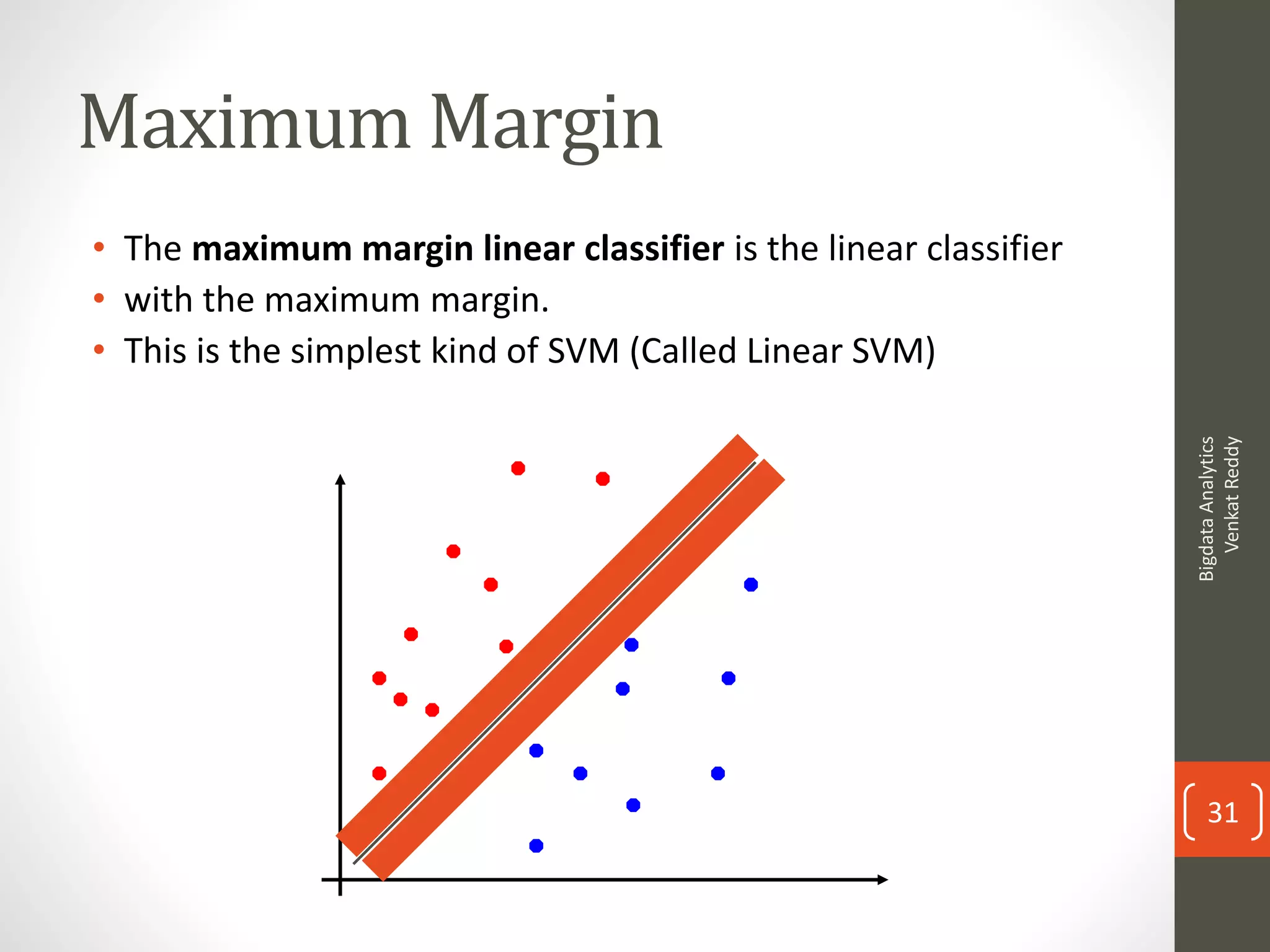 Maximum Margin
• The maximum margin linear classifier is the linear classifier
• with the maximum margin.
• This is the simplest kind of SVM (Called Linear SVM)
BigdataAnalytics
VenkatReddy
31
 