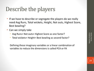 Describe the players
• If we have to describe or segregate the players do we really
need Avg Runs, Total wickets, Height, ...