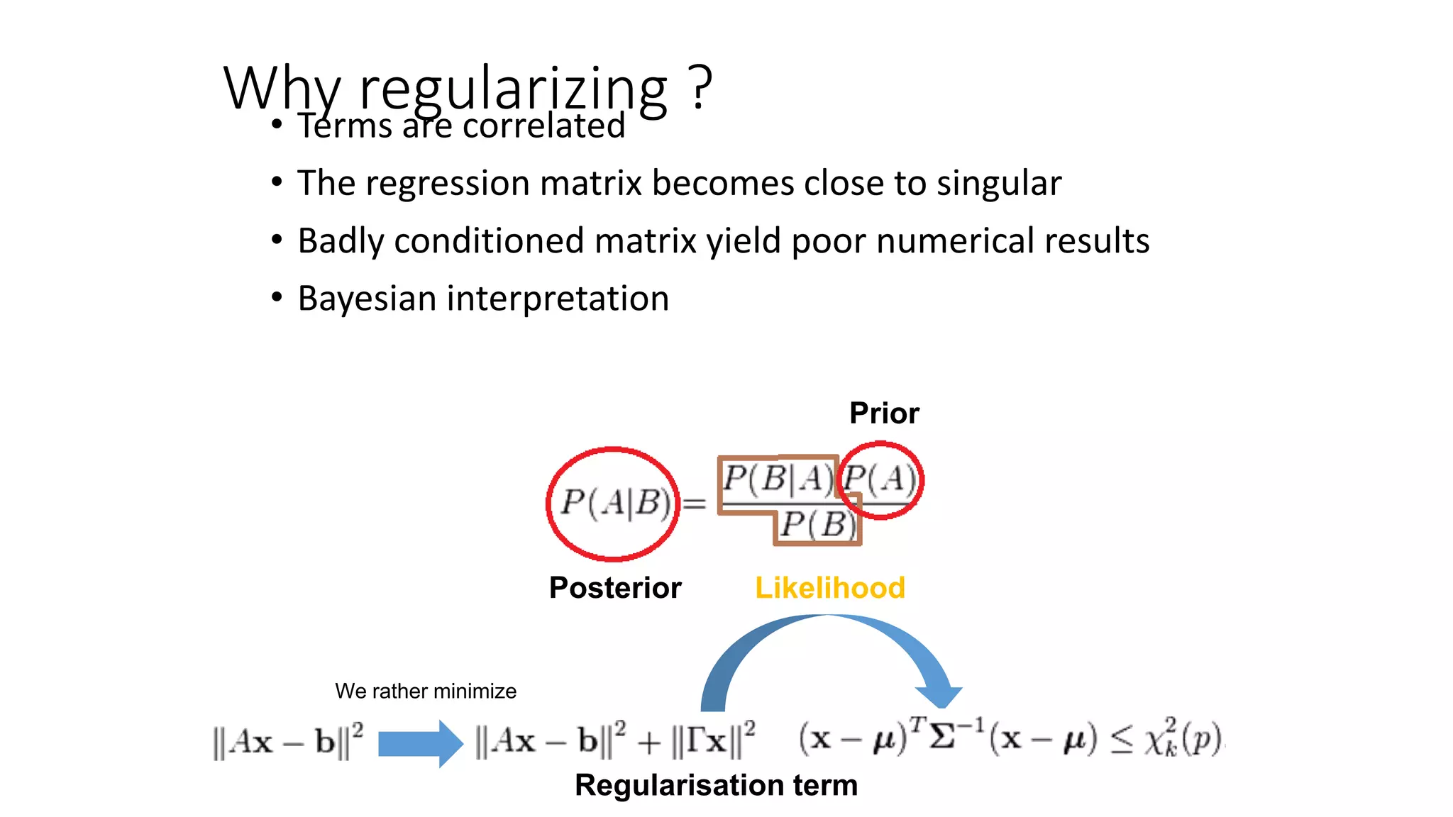 Why regularizing ?• Terms are correlated
• The regression matrix becomes close to singular
• Badly conditioned matrix yield poor numerical results
• Bayesian interpretation
Likelihood
Regularisation term
Posterior
Prior
We rather minimize
 