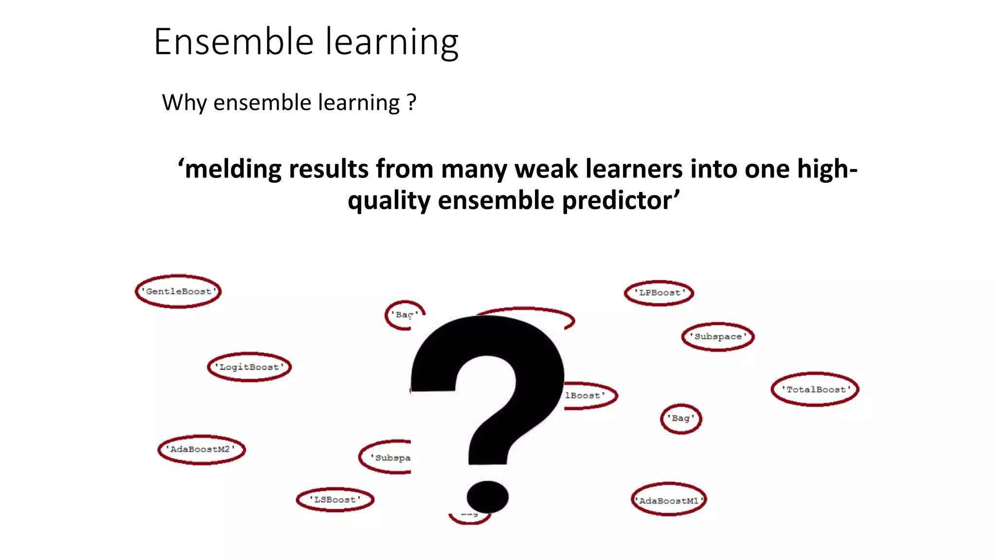 Ensemble learning
Why ensemble learning ?
‘melding results from many weak learners into one high-
quality ensemble predictor’
 