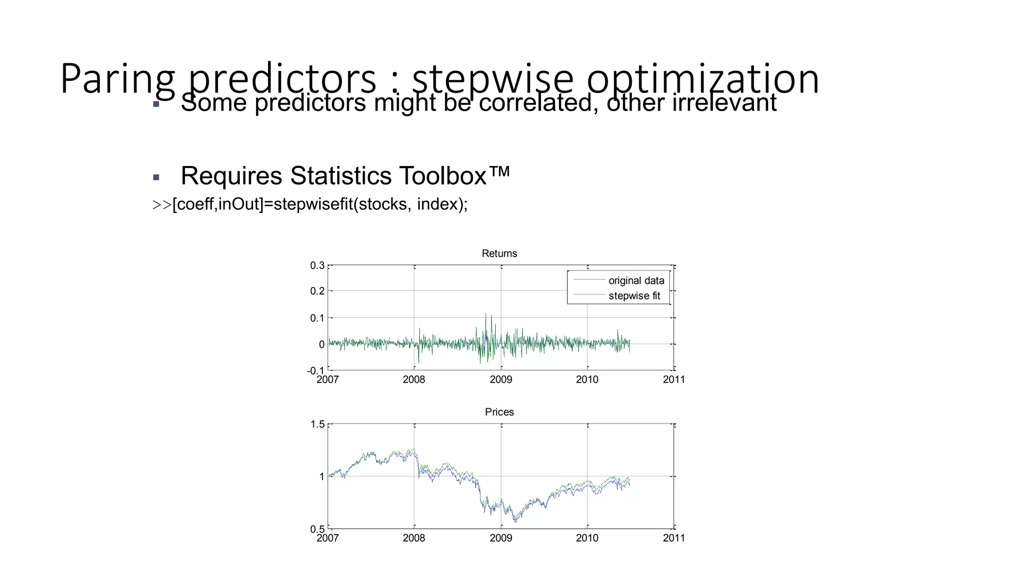 Paring predictors : stepwise optimization Some predictors might be correlated, other irrelevant
 Requires Statistics Toolbox™
>>[coeff,inOut]=stepwisefit(stocks, index);
2007 2008 2009 2010 2011
-0.1
0
0.1
0.2
0.3
Returns
original data
stepwise fit
2007 2008 2009 2010 2011
0.5
1
1.5
Prices
 