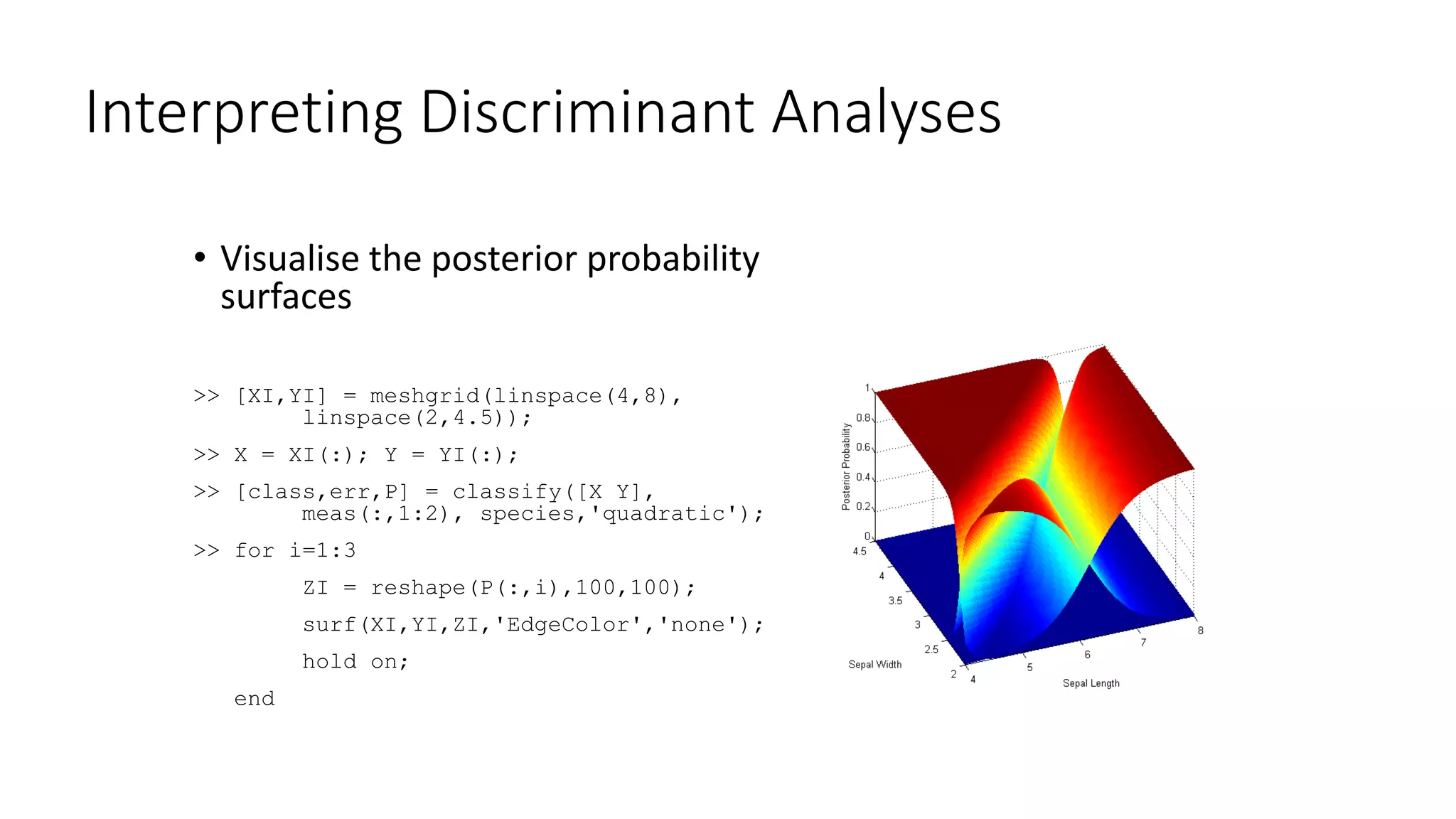 Interpreting Discriminant Analyses
• Visualise the posterior probability
surfaces
>> [XI,YI] = meshgrid(linspace(4,8),
linspace(2,4.5));
>> X = XI(:); Y = YI(:);
>> [class,err,P] = classify([X Y],
meas(:,1:2), species,'quadratic');
>> for i=1:3
ZI = reshape(P(:,i),100,100);
surf(XI,YI,ZI,'EdgeColor','none');
hold on;
end
 
